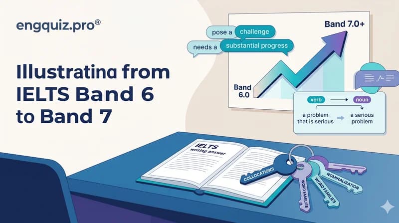 Academic vocabulary for IELTS Writing — the four shifts that move a Band 6 answer to Band 7: word families, collocations, nominalisation, and hedging