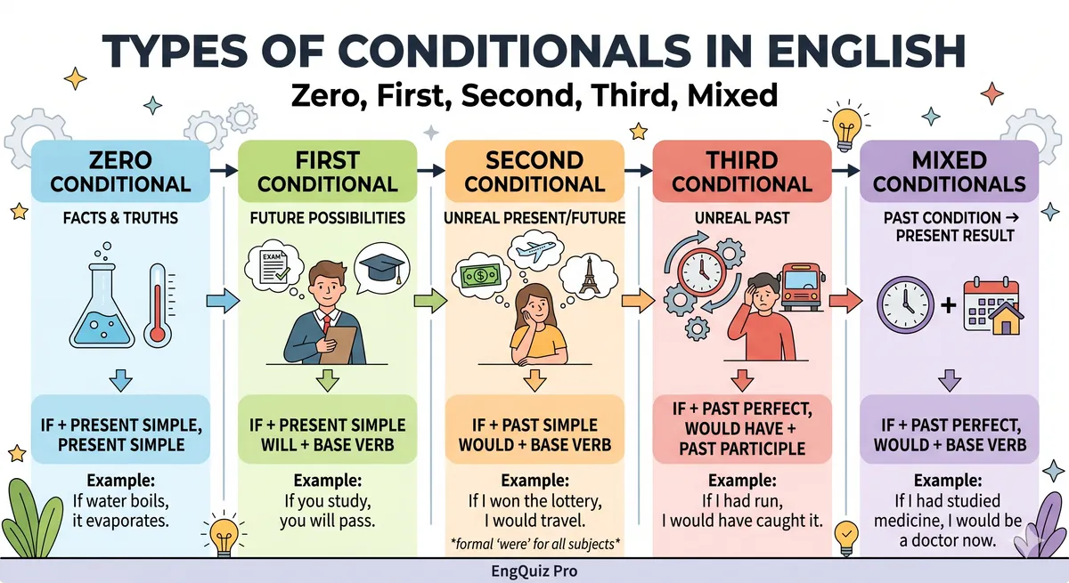 The five English conditional types — zero, first, second, third and mixed — with their if-clause and result-clause formulas