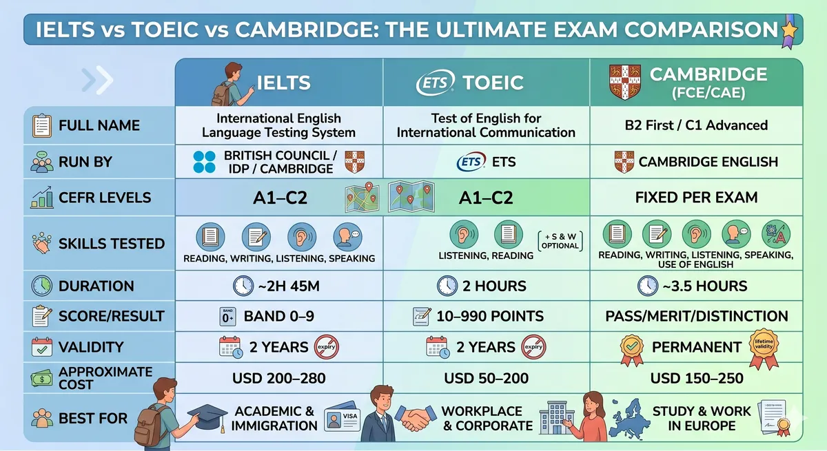Comparison chart of IELTS, TOEIC, and Cambridge exams across format, cost, and recognition