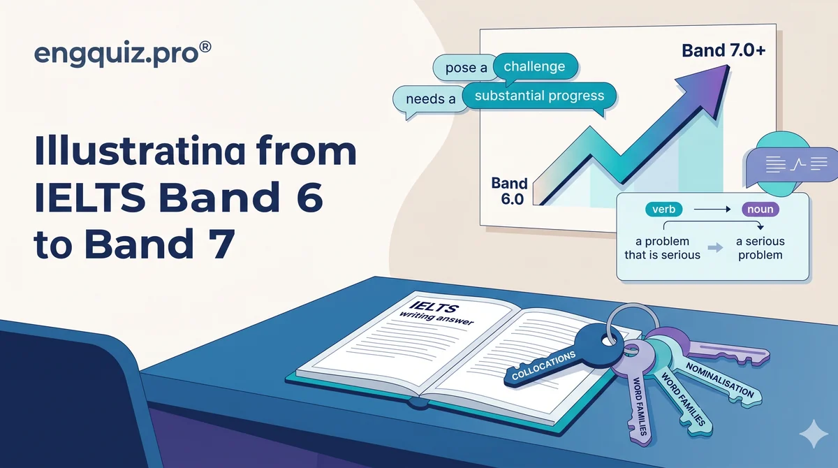 Academic vocabulary for IELTS Writing — the four shifts that move a Band 6 answer to Band 7: word families, collocations, nominalisation, and hedging