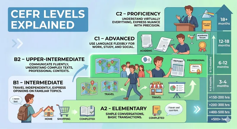 CEFR level ladder from A1 to C2 with skill descriptors and approximate study hours