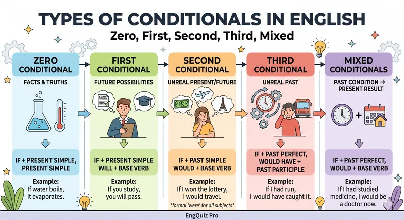 The five English conditional types — zero, first, second, third and mixed — with their if-clause and result-clause formulas