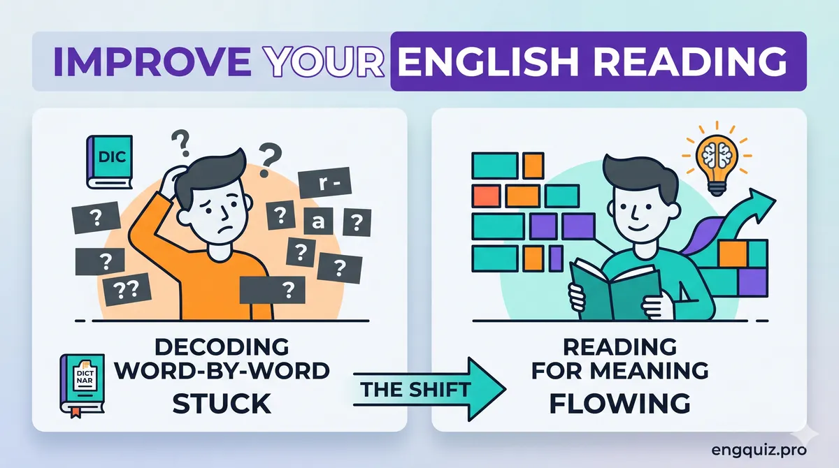 A reader building comprehension layer by layer, from isolated words to meaning clusters to full text understanding