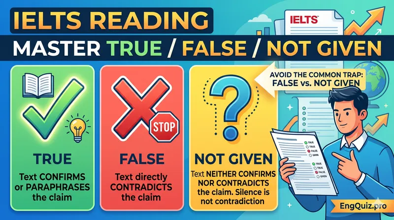 How to tell False from Not Given in IELTS Reading: a decision flow showing whether the passage confirms, contradicts, or neither
