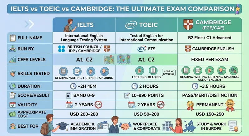 Comparison chart of IELTS, TOEIC, and Cambridge exams across format, cost, and recognition