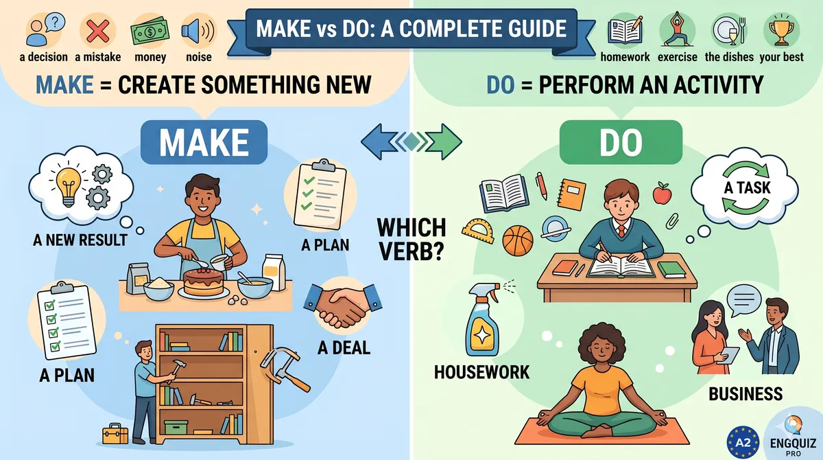 Make vs do collocations — make for creating something new, do for tasks, work and activities