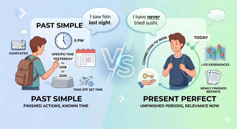 Side-by-side comparison of Present Perfect and Past Simple — when to use each