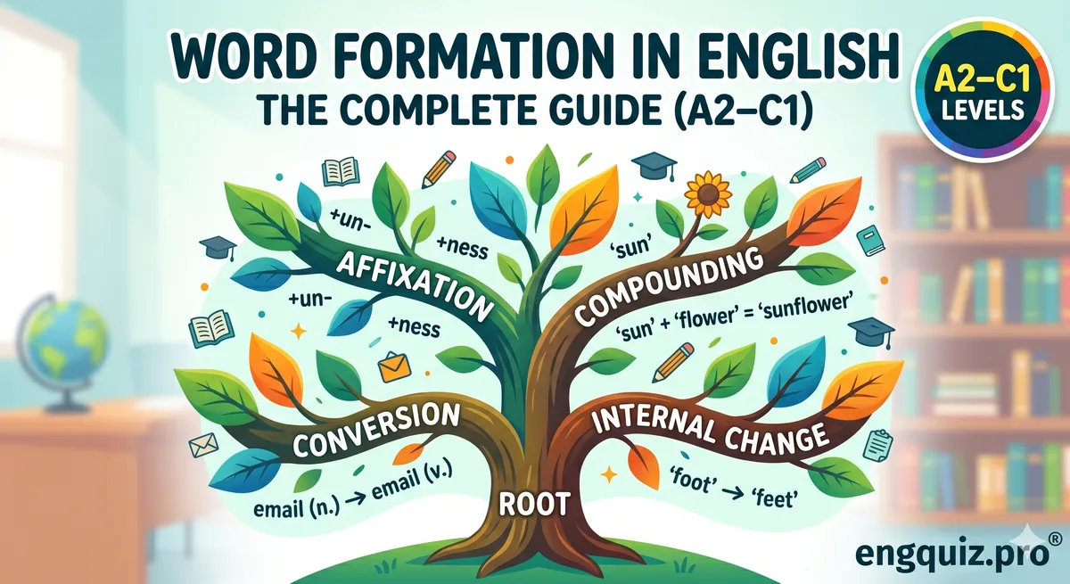 Word formation in English: affixation, compounding, conversion and internal change shown as four branches of a single root word